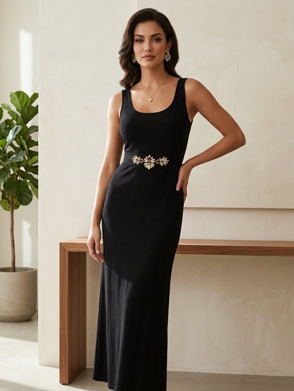 Enfocus Studio Black Sleeveless Embellished Jeweled Maxi Dress Size 14